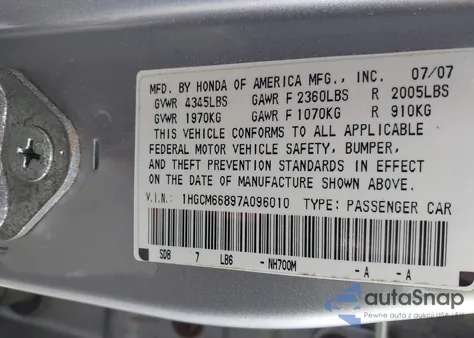 2007 Honda Accord 3.0 Ex from USA, damaged, VIN 1HGCM66897A096010